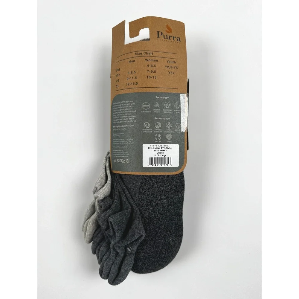 Purra Performance Comfort No‎ Show Socks Large Grey 3-Pack New In Packaging